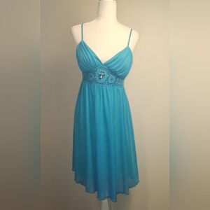 VTG Y2K City Triangles Bright Turqouise Blue Lime Green Floaty Fairy Dress Large